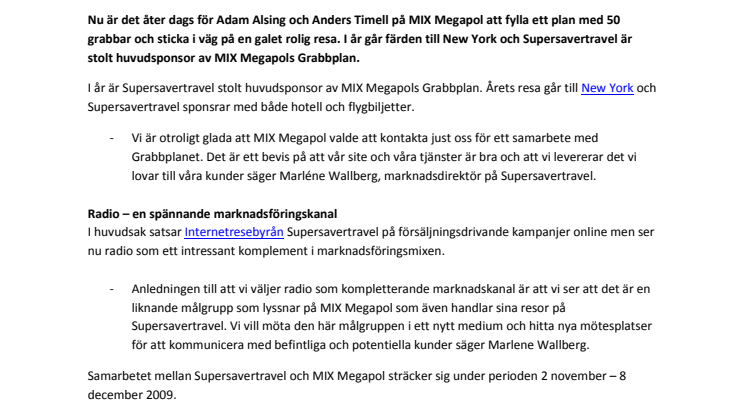 Supersavertravel samarbetar med MIX Megapol 
