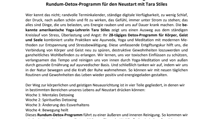 Presseinformation Tara Stiles, Detoxing