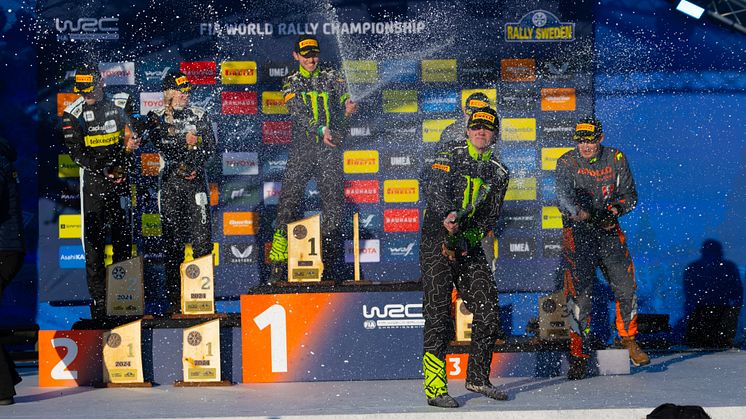 The Swedish driver Oliver Solberg, winner of WRC2, Rally Sweden 2024, celebrates the victory.