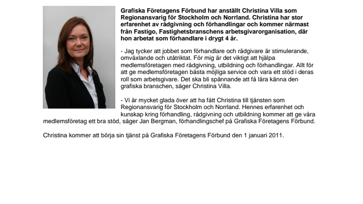 Christina Villa, ny medarbetare på Grafiska Företagens Förbund