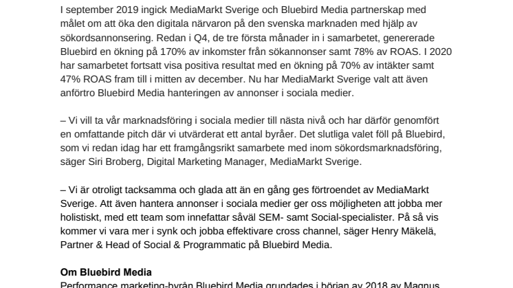 MediaMarkt Sverige utökar samarbetet med Bluebird Media efter kraftigt ökade intäkter och ROAS