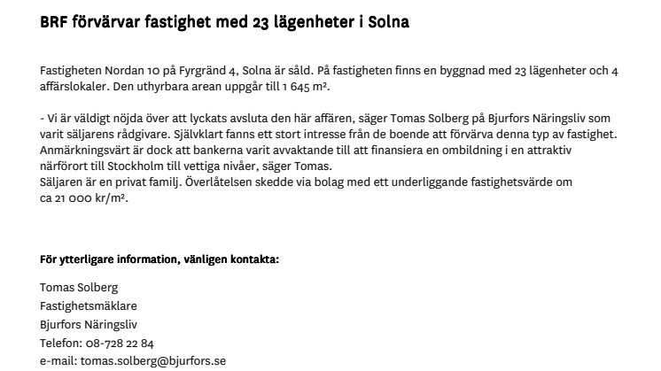 BRF förvärvar fastighet med 23 lägenheter i Solna