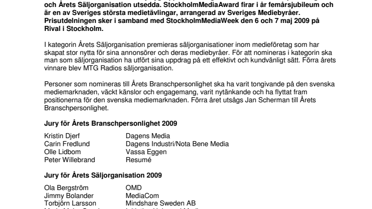 StockholmMediaAward 2009: Jurygrupper utsedda för Årets Branschpersonlighet och Årets Säljorganisation