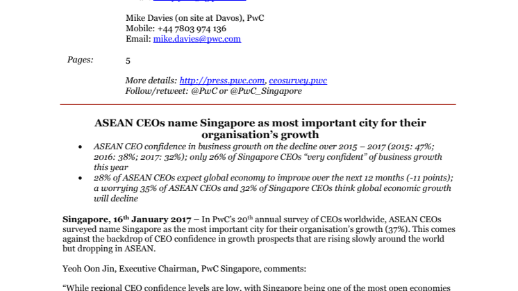 ASEAN CEOs name Singapore as most important city for their organisation’s growth