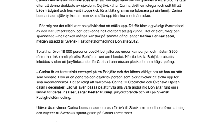 Carina Lennartsson är Svensk Fastighetsförmedlings Bohjälte 2012