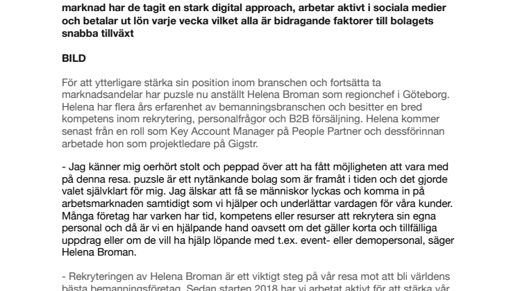 Startupen Puzsle expanderar och rekryterar regionchef i Göteborg 