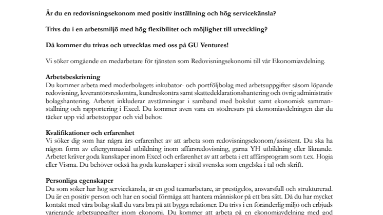 GU Ventures söker ny medarbetare: Redovisningsekonom