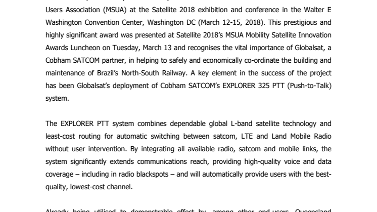 Globalsat Group wins MSUA award with Cobham PTT Tech