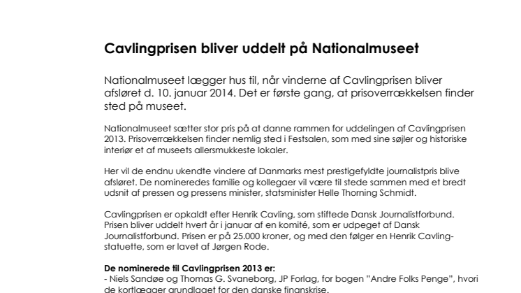Cavlingprisen bliver uddelt på Nationalmuseet