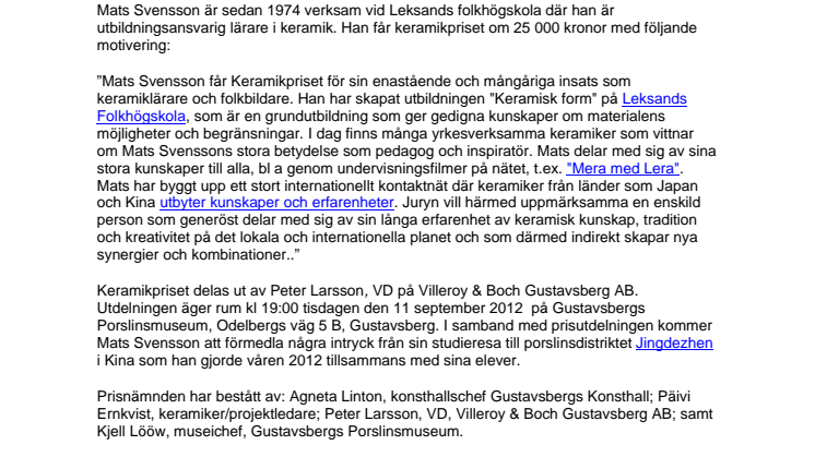Villeroy & Boch Gustavsbergs keramikpris 2012 går till en enastående pedagog och inspiratör 