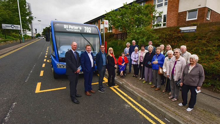 Huw Lewis Nexus Customer Service Director, Stephen King Go North East Commercial Director, Keith Merrin Director National Glass Centre and Chief Executive Sunderland Culture, and Councillor Amy Wilson, with residents and staff from Chillingham House