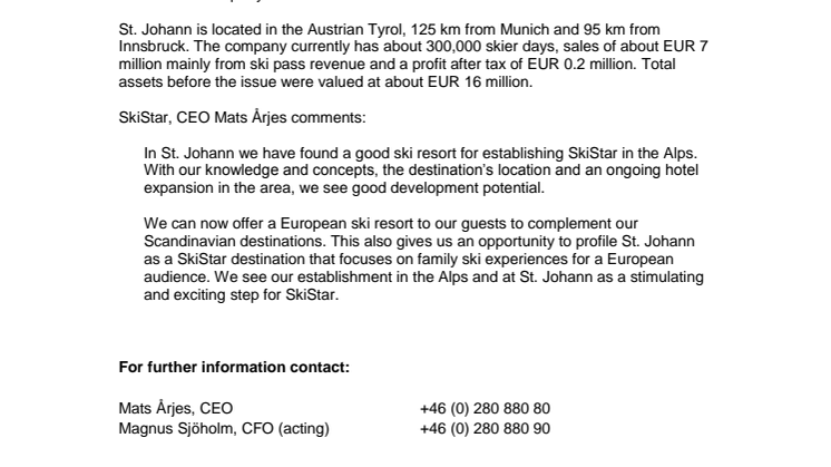 SkiStar becomes majority shareholder in Austrian ski resort St. Johann
