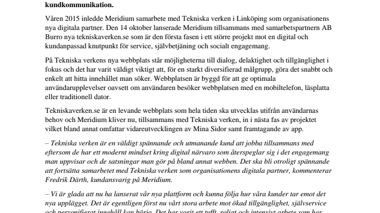 Meridium lanserar ny webbplats till Tekniska verken