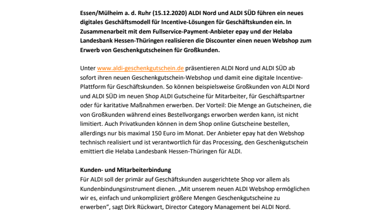 Digitales Geschäftsmodell für Incentive-Lösungen des Handels für Geschäftskunden: Der neue ALDI Webshop für Geschenkgutscheine