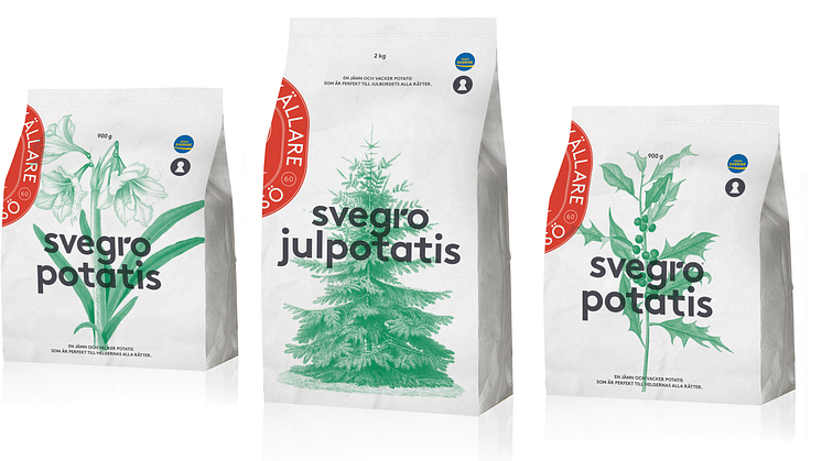 Amaryllis, julgran och järnek pryder Svegros säsongsförpackningar med potatis. Potatisen är 100 % svenskodlad.
