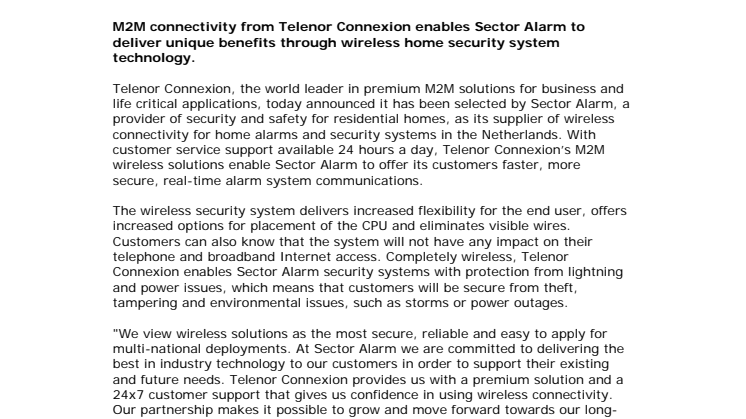 Telenor Connexion secures Sector Alarm to deliver premium wireless solutions