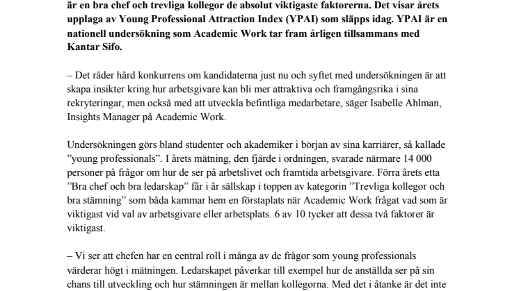 Bra chef och trevliga kollegor viktigast när young professionals väljer arbetsplats