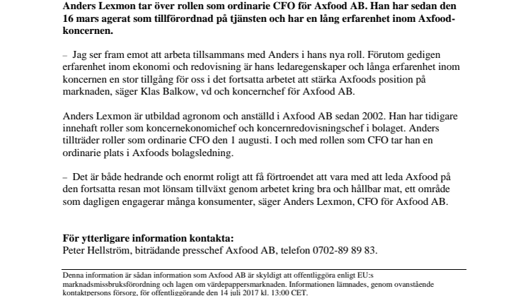 Anders Lexmon blir CFO för Axfood