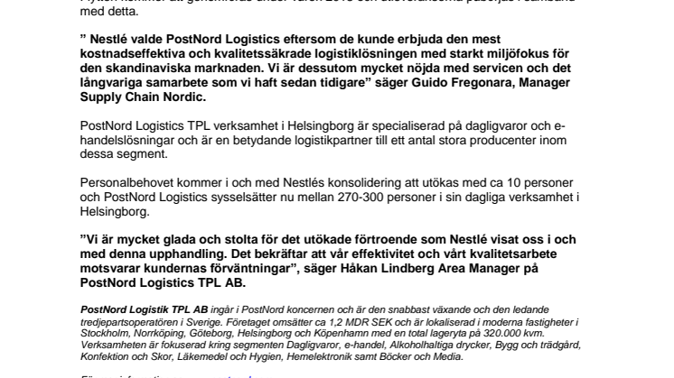 Nestlé utökar logistiksamarbetet med PostNord Logistics