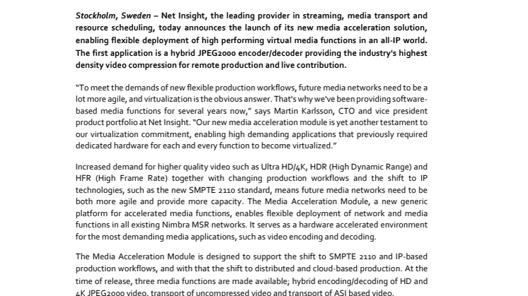 Net Insight launches industry's highest density live contribution solution on new platform for virtual media function acceleration