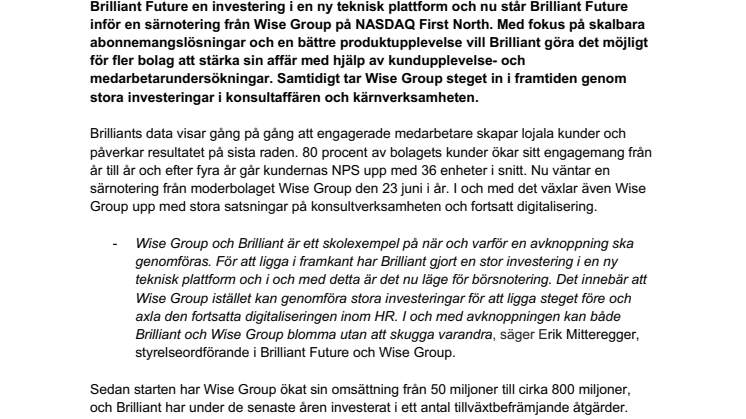 Pressmeddelande_Brilliant Future särnoteras från Wise Group - vill stärka kundernas affärer
