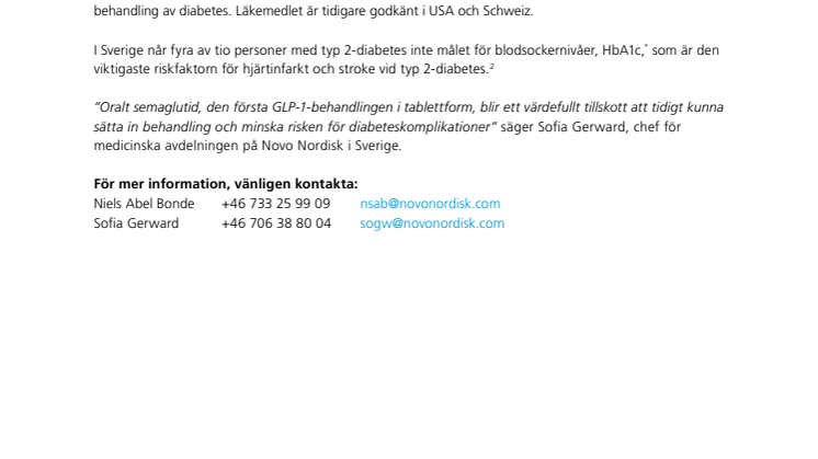 EU-kommissionen godkänner det första GLP-1- läkemedlet i tablettform för behandling av typ 2-diabetes – semaglutid