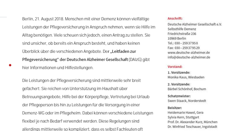Deutsche Alzheimer Gesellschaft: Neuer Ratgeber hilft beim Antrag auf Leistungen der Pflegeversicherung 