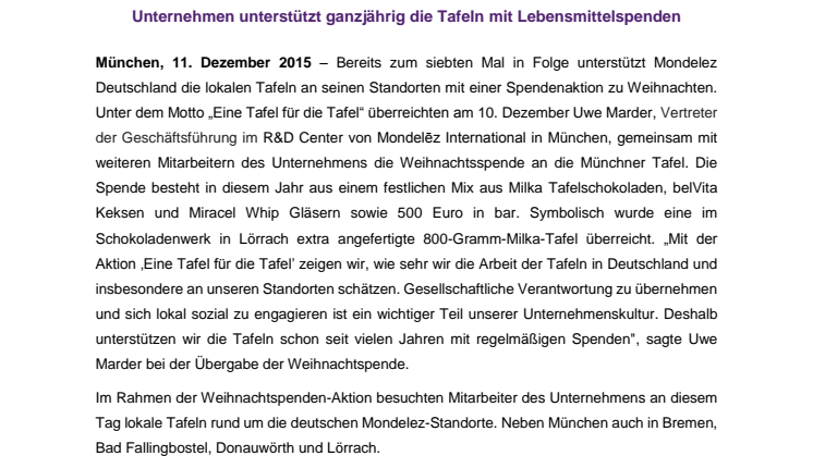 „Eine Tafel für die Tafel“ – Mondelez Deutschland überreicht Weihnachtsspende an Münchner Tafel