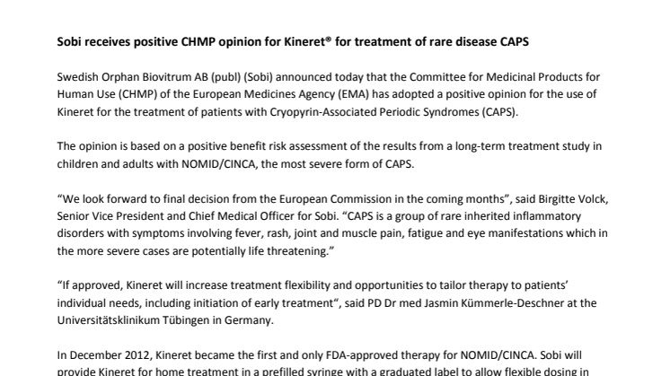 Sobi receives positive CHMP opinion for Kineret® for treatment of rare disease CAPS