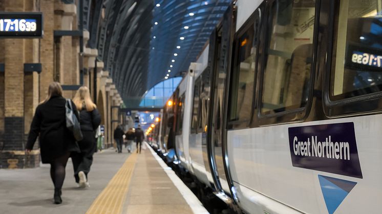 Class 379002 and 022 waits in Platform 4 at King's Cross for its inaugral passenger service with Great Northern to Letchworth Garden City 10 Feb 2025.jpeg