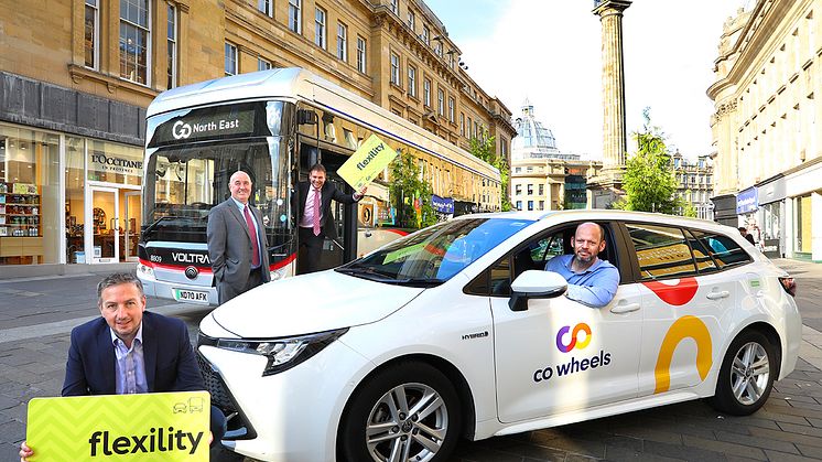 (L-R) Richard Falconer, managing director of Co-Wheels; Cllr Ged Bell, Newcastle City Council's Cabinet Member for Development, Neighbourhoods and Transport; Martijn Gilbert, managing director of Go North East; and Jamie Driscoll, North of Tyne Mayor