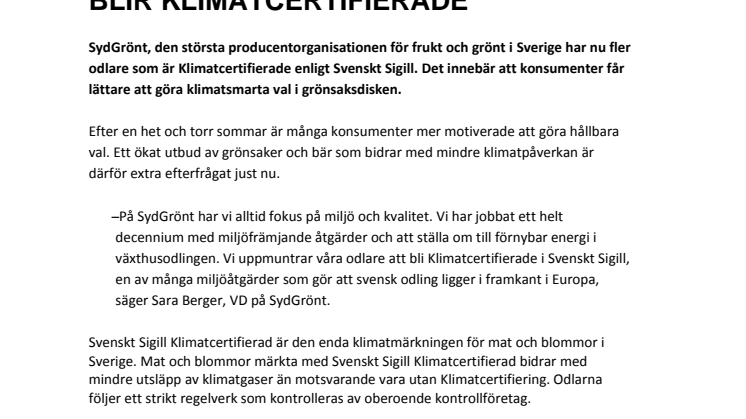 FLER GRÖNSAKER FRÅN SYDGRÖNT BLIR KLIMATCERTIFIERADE
