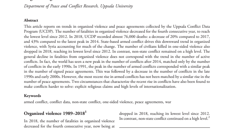 Organized violence, 1989–2018 and peace agreements