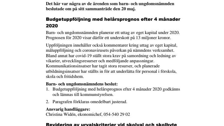 Barn- och ungdomsnämndens beslut i korthet 20 maj
