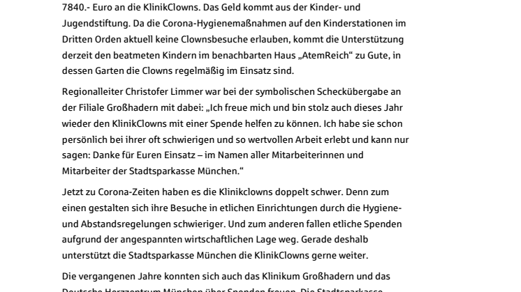 Bühne frei für die KlinikClowns! Die Stadtsparkasse München spendet 7840.- Euro.