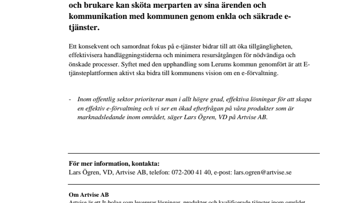 Artvise e-tjänsteplattform till Lerums kommun!