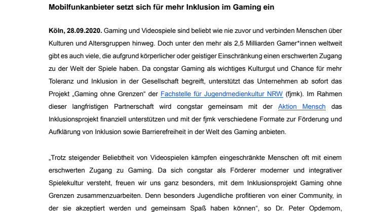 congstar unterstützt „Gaming ohne Grenzen“ 