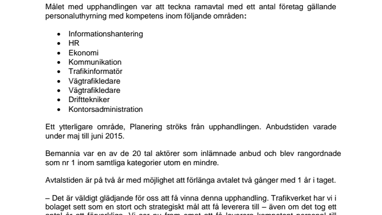 Trafikverket tecknar avtal med Bemannia 