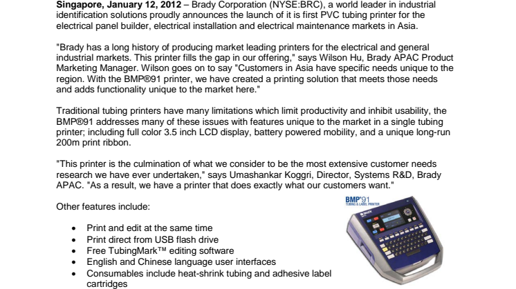 Brady Corporation Asia Pacific announces launch of new tubing and label printer BMP®91 for electrical identification applications