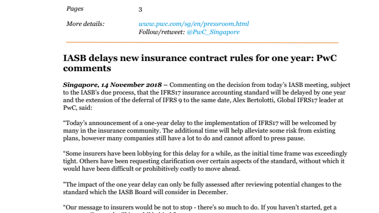 IASB delays new insurance contract rules for one year: PwC comments