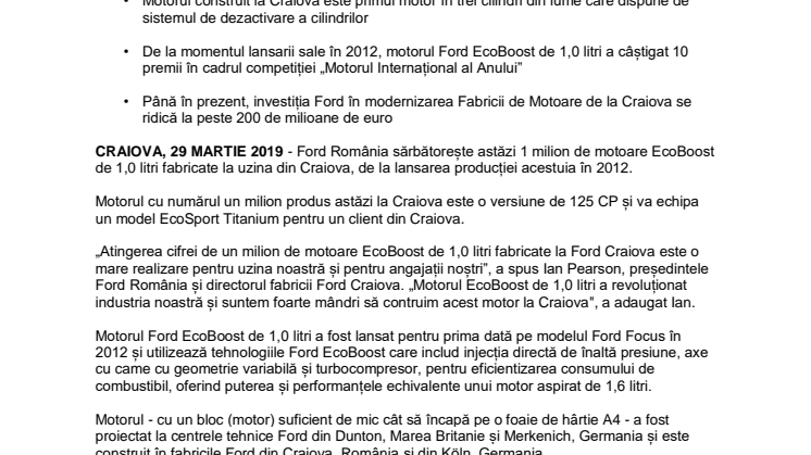 ​Ford România a produs motorul cu numărul UN MILION la fabrica sa din Craiova
