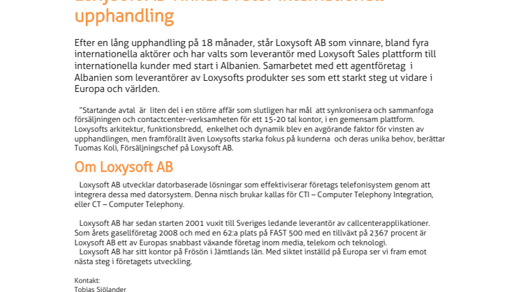Loxysoft AB vinnare i stor internationell upphandling
