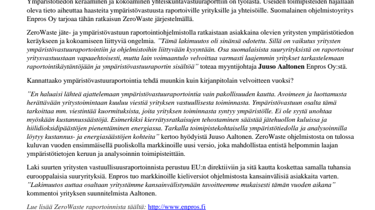 Lakimuutos tuo Enpros Oy:n ympäristöraportoinnin ohjelmistolle suuren asiakaspotentiaalin Suomesta ja Euroopasta