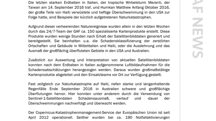 ​GAF dauerhaft aktiv in der Notfallkartierung des Copernicus- Katastrophenmanagement-Service