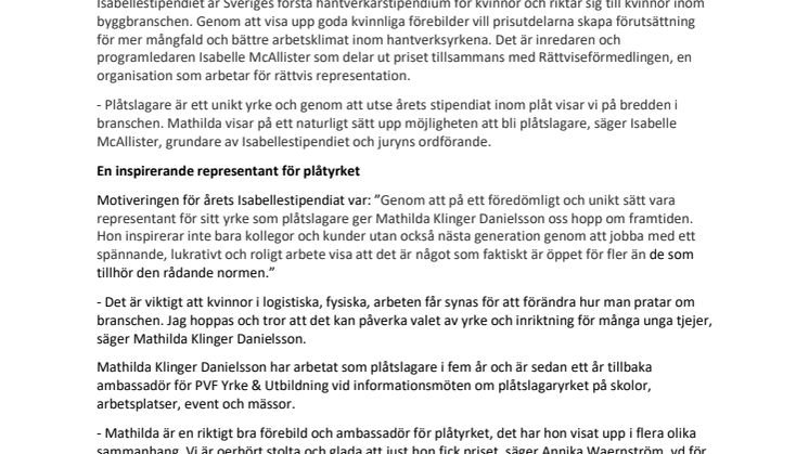 Plåtambassadör vinner Isabellestipendiet 2018
