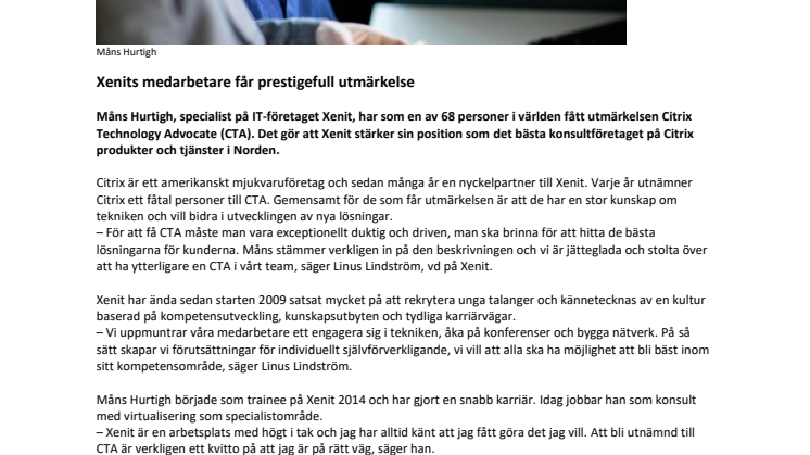 Xenits medarbetare får prestigefull utmärkelse
