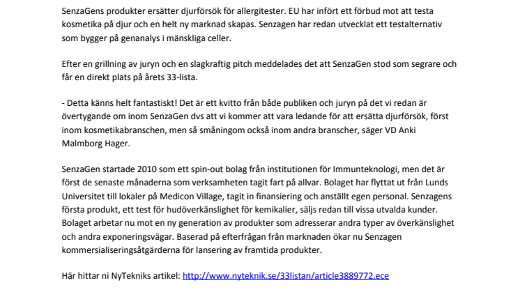 Ny Teknik & Affärsvärlden list SenzaGen AB as one of the 33 most promising young innovative companies in Sweden