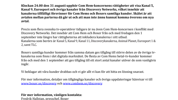 Boxer och Com Hem fråntas tillfälligt rätten att visa Discoverys kanaler 