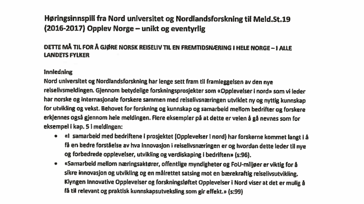 "Dette må til for å gjøre norsk reiseliv til en fremtidsnæring i hele Norge - i alle landets fylker" - Høringsinnspill Næringskomiteen - Meld.St. 19 