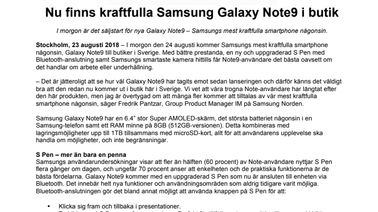 Nu finns kraftfulla Samsung Galaxy Note9 i butik